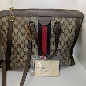 ‼️ Pristine Condition ‼️Brown Monogram Canvas Top-Zip Tote with Red/Green Stripe